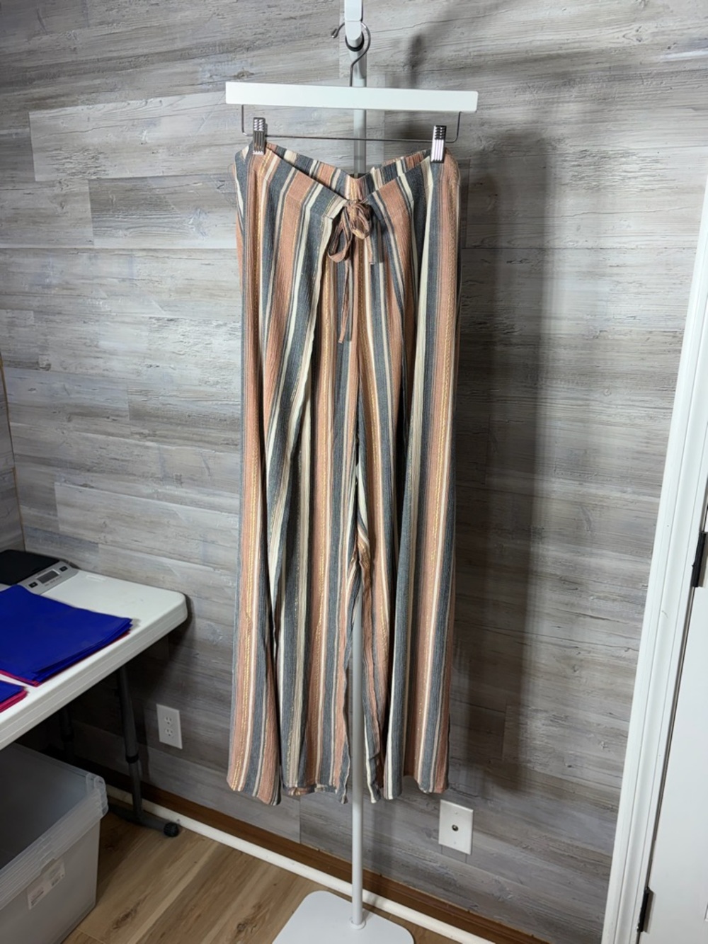 Susan Graver Striped Wide Leg Tie-Waist Pants in Peach, Teal & Cream 1888